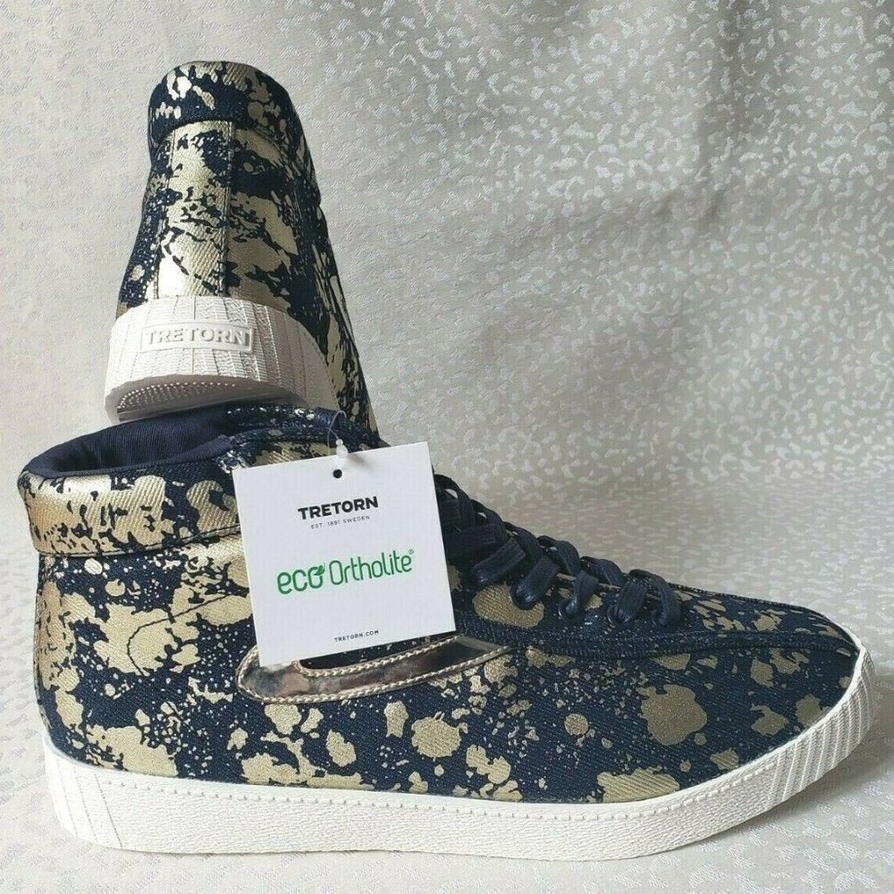 Tretorn NY Lite Hi Denim Platino Sneaker, Men's 11.5M, Navy Blue/Gold